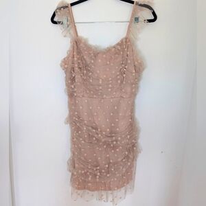 Sweet Lemon Polka Dot Ruched Ruffled Party Mini Dress Blush Pink Size L Wedding